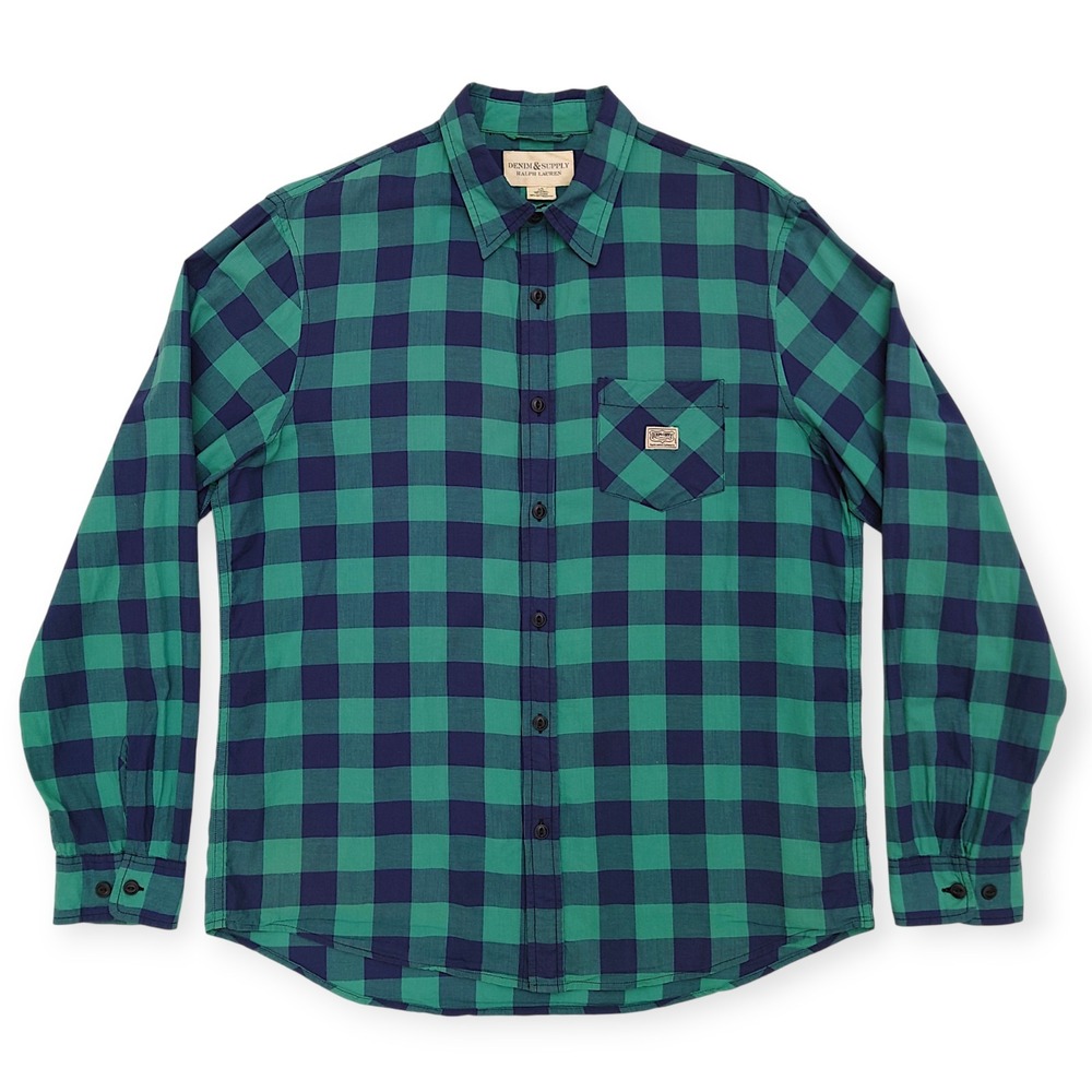 Denim & Supply Ralph Lauren Mens L Vintage Lightweight Checked Shirt Green Navy